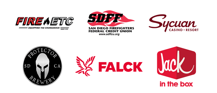 Logo: Battalion Sponsors - Fire Etc, San Diego Firefighters Federal Credit Union, Sycuan, Jack in the Box, Protector Brewing